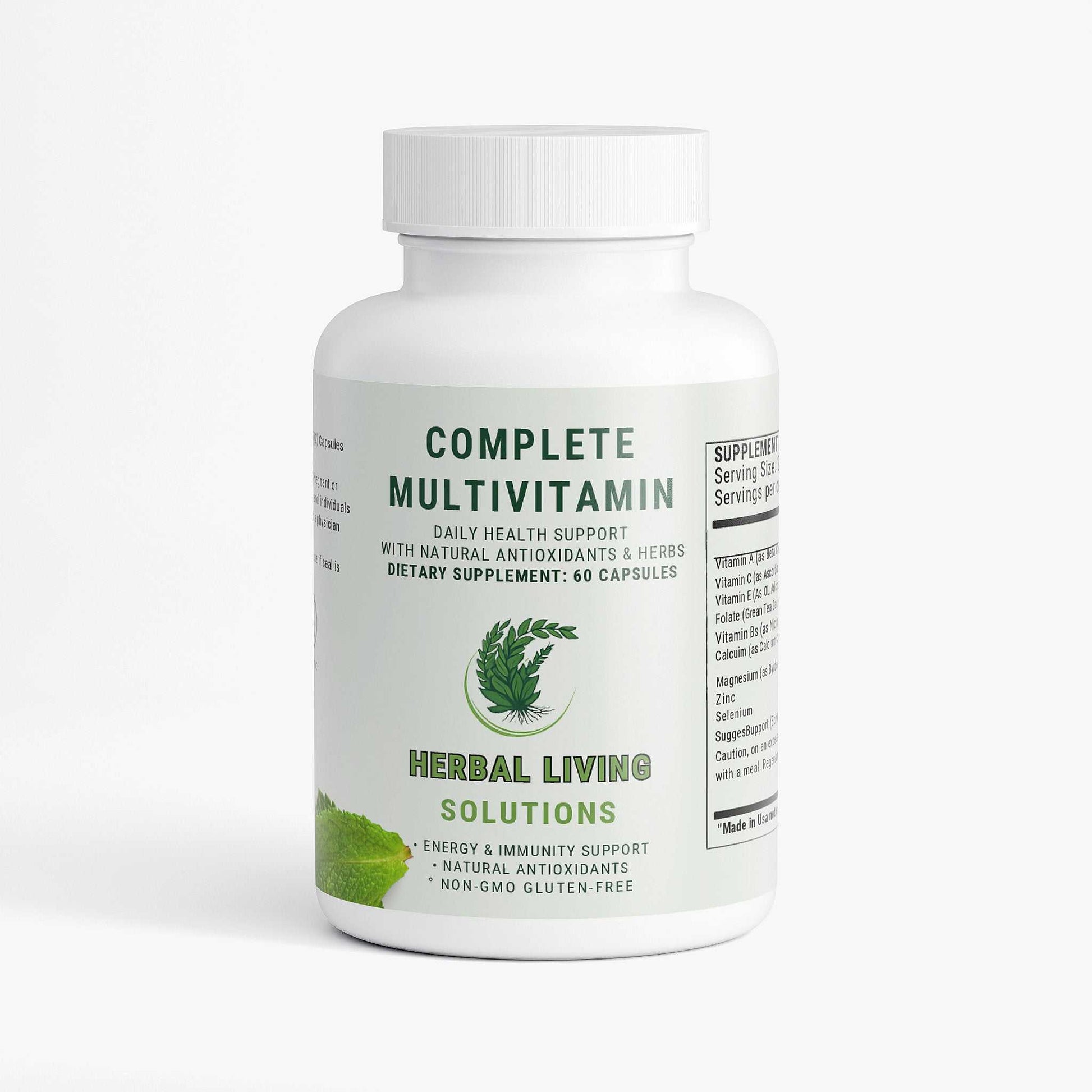 Bottle of Complete Multivitamin dietary supplement with natural antioxidants and immune-supporting herbs, 60 capsules.