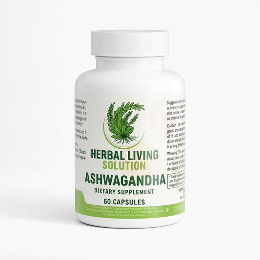 Bottle of Herbal Living Solution Ashwagandha dietary supplement with 60 capsules, an ancient herb used for stress support and overall health.