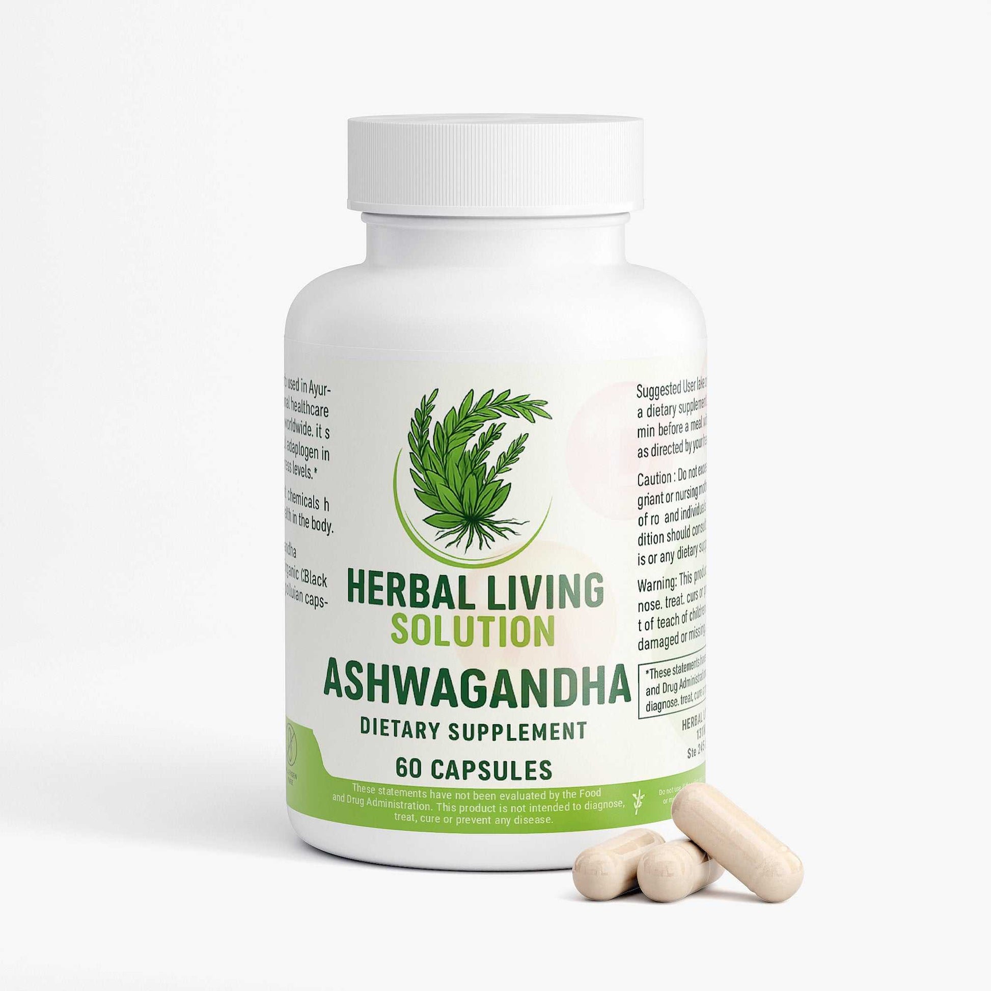 Bottle of Herbal Living Solution Ashwagandha dietary supplement with 60 capsules, ancient herb used for stress relief and overall health support.