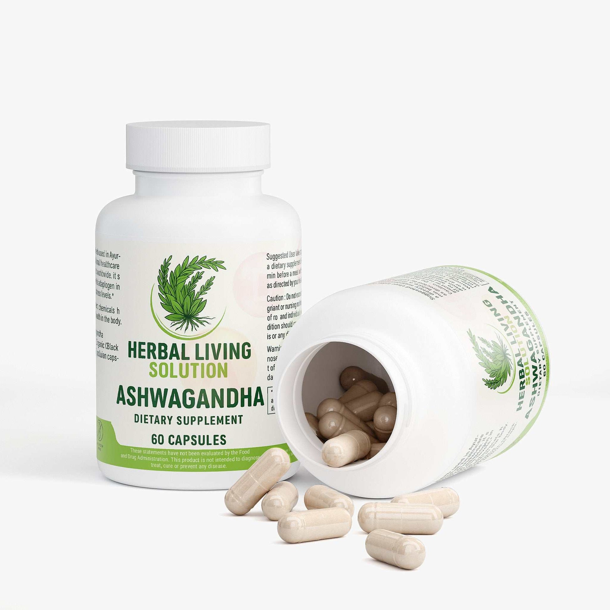 Ancient herb used Ashwagandha dietary supplement capsules in white bottle with green label