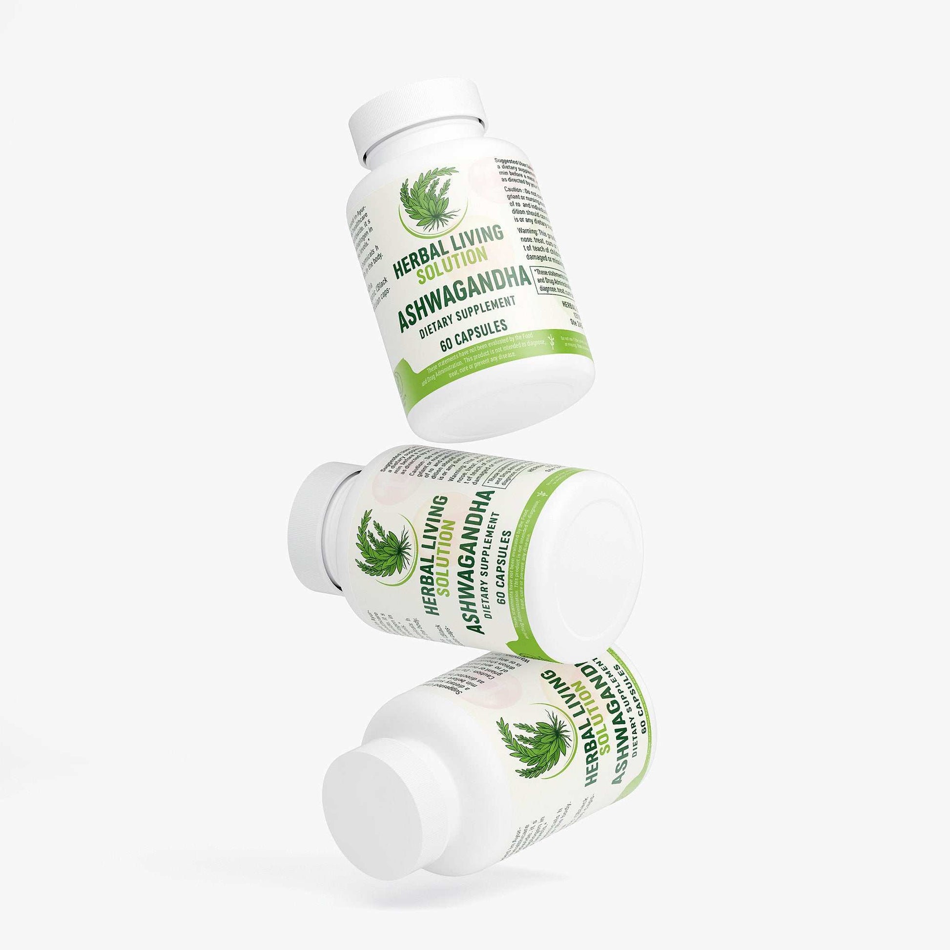 Three white bottles of Herbal Living Solution Ashwagandha dietary supplement capsules, ancient herb used for stress relief and overall health.