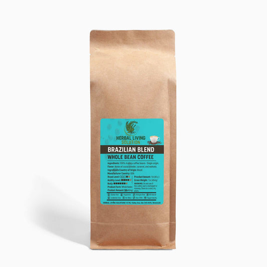16oz bag of Brazilian Blend whole bean coffee with blue label from Herbal Living Solution