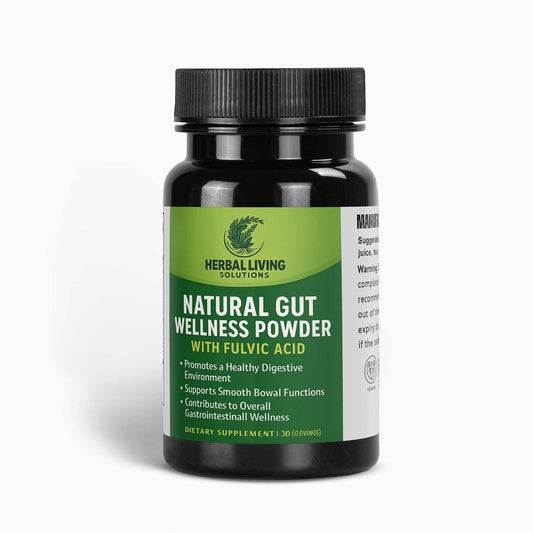 Natural Gut Wellness Powder dietary supplement with fulvic acid for digestive health and smooth bowel functions in a 30-serving bottle