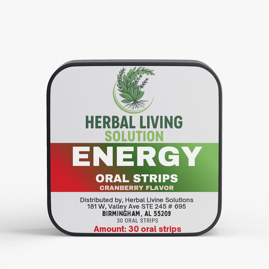 Herbal Living Solution Energy Strips cranberry flavor metal tin containing 30 oral energy strips for sustained focus and physical endurance