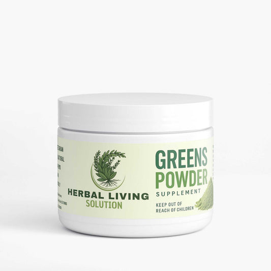 Container of Greens Powder Supplement by Herbal Living Solution with plant-based ingredients and natural vitamins.