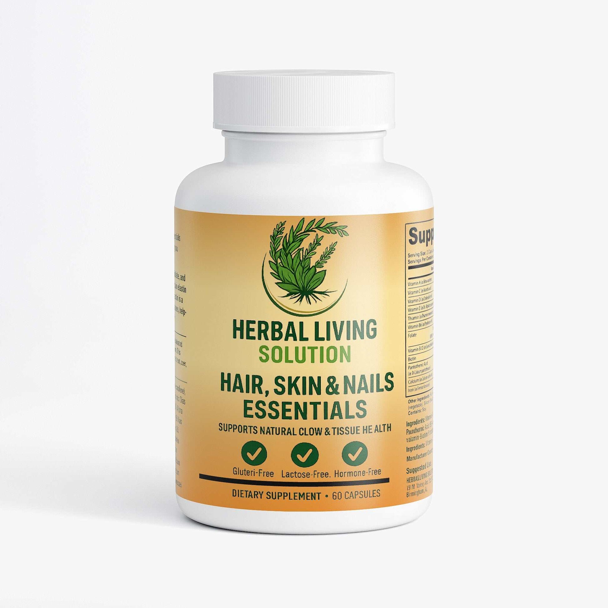 Herbal Living Solution Hair Skin and Nails Essentials dietary supplement bottle with 60 capsules, supports natural glow, gluten-free, lactose-free, hormone-free.