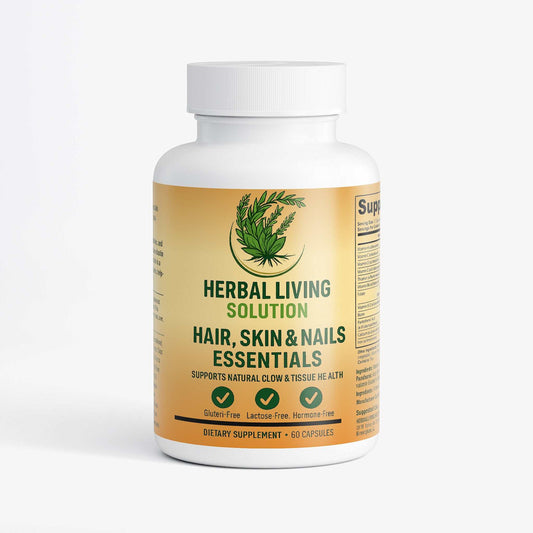 Herbal Living Solution Hair Skin and Nails Essentials dietary supplement bottle with 60 capsules, supports natural glow, gluten-free, lactose-free, hormone-free.