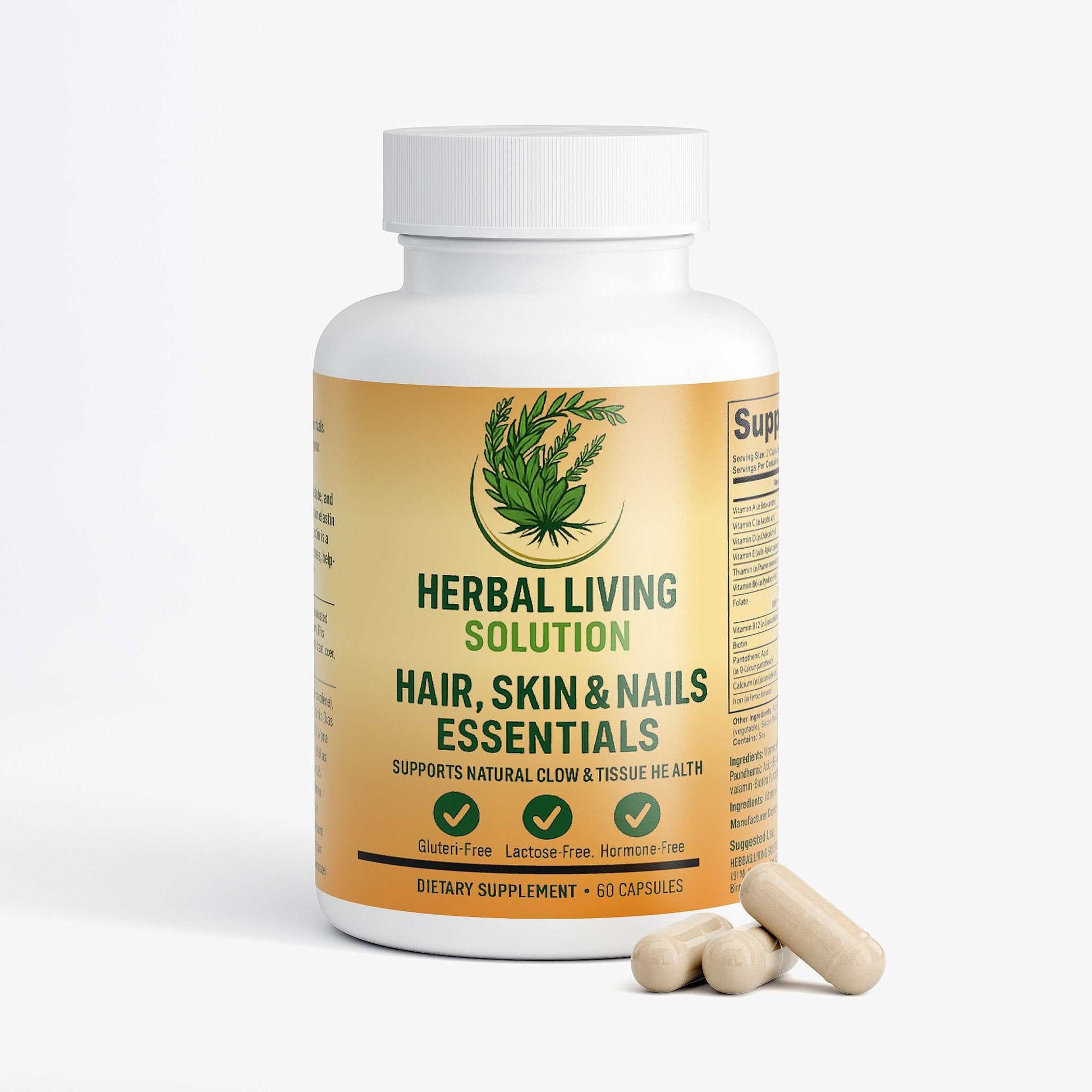 Herbal Living Solution Hair Skin and Nails Essentials supplement bottle with capsules supporting natural glow and tissue health