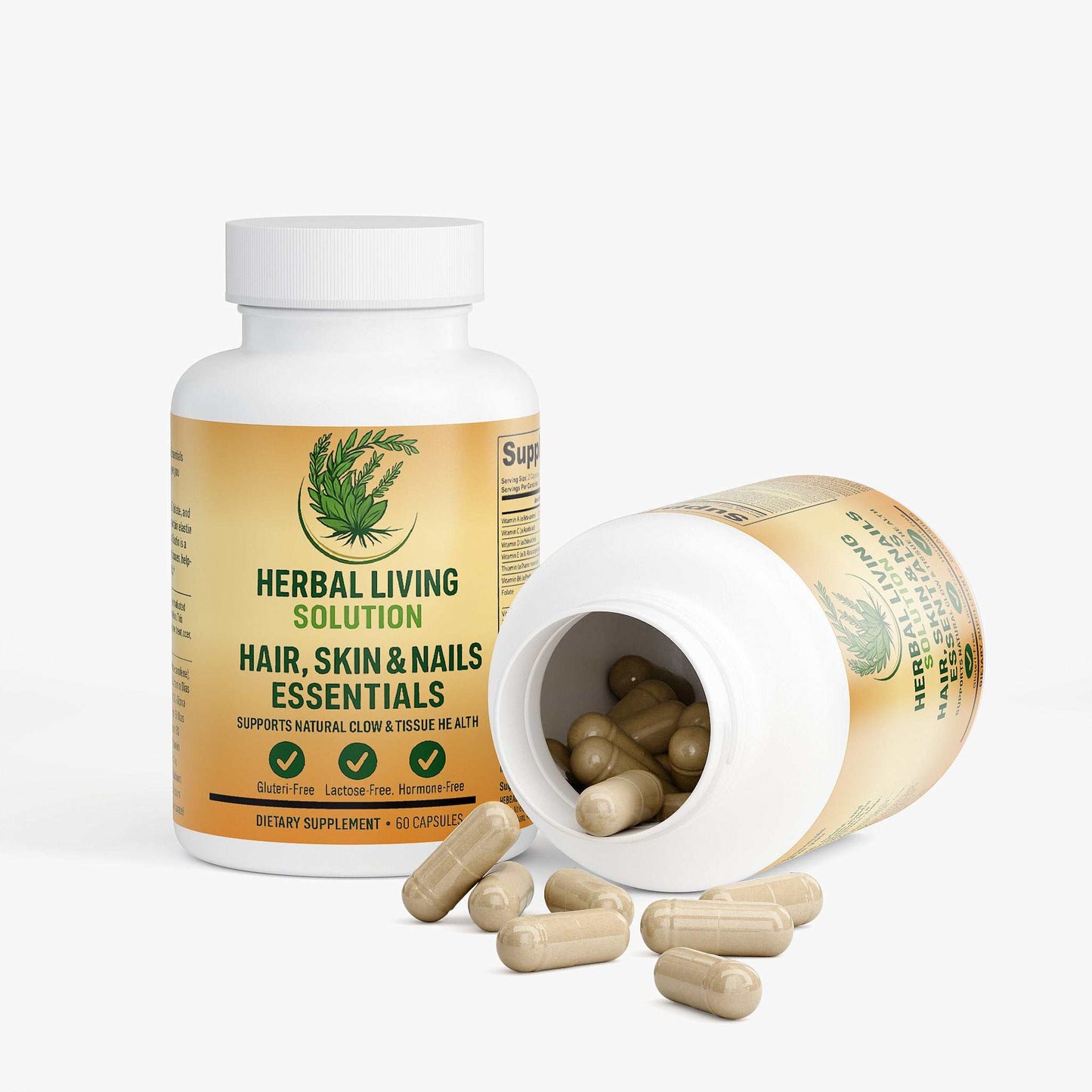 Herbal Living Solution Hair Skin and Nails Essentials supplement bottle with capsules for natural glow and tissue health