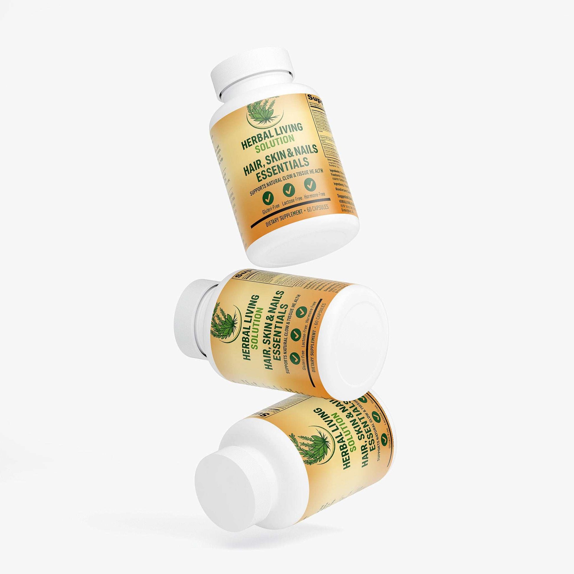Three bottles of Hair, Skin and Nails Essentials supplement by Herbal Living Solution with natural glow formula and key vitamins displayed on a white background