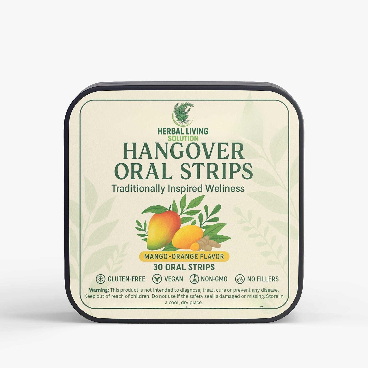 Hangover Strips metal tin with mango-orange flavored Ayurvedic wellness oral strips, gluten-free, vegan, non-GMO, no fillers