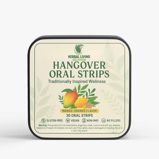 Hangover Strips metal tin with mango-orange flavored Ayurvedic wellness oral strips, gluten-free, vegan, non-GMO, no fillers