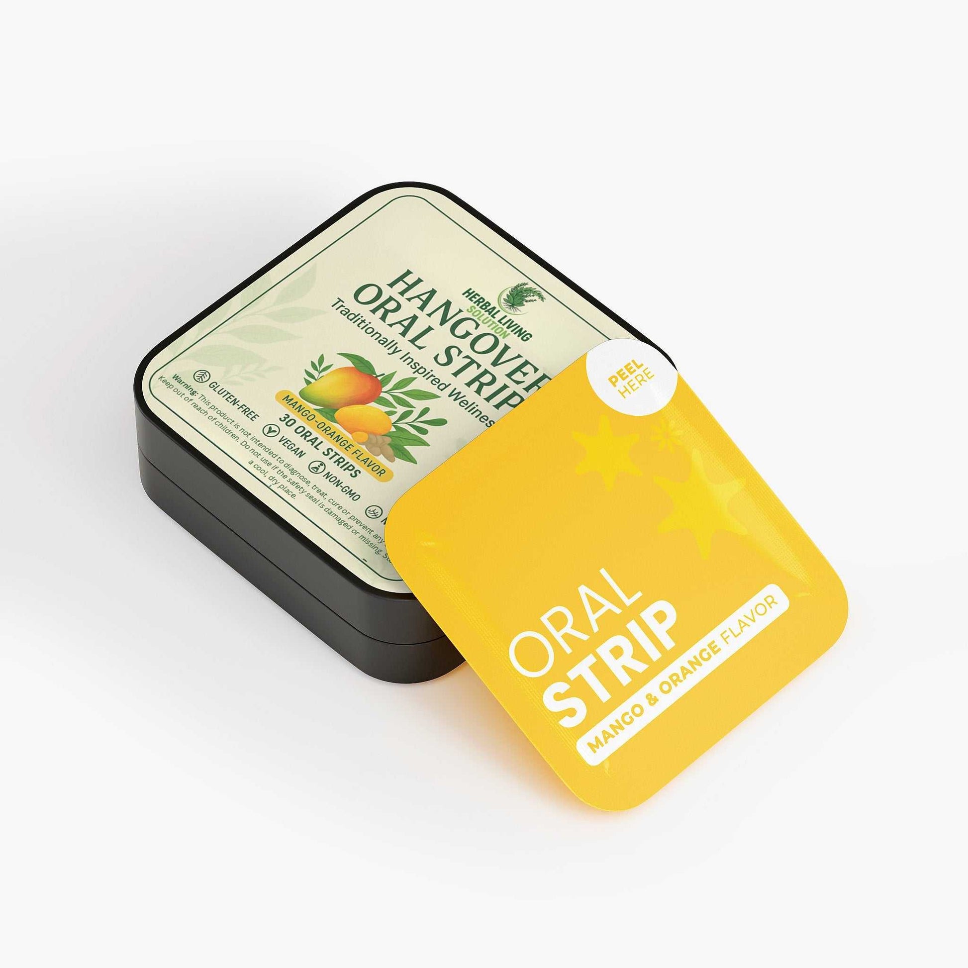 Hangover Strips metal tin and individual mango orange flavored oral strip for wellness support