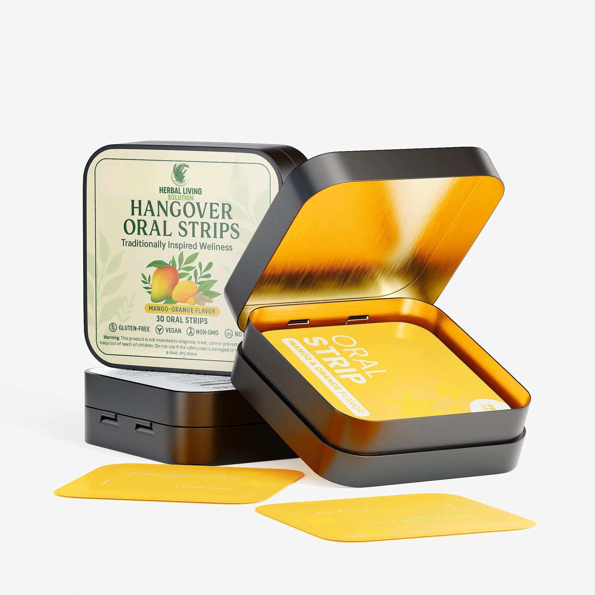 Metal tin of Hangover Oral Strips with mango-orange flavor, featuring traditionally inspired wellness ingredients, gluten-free, vegan, non-GMO, and halal certified.