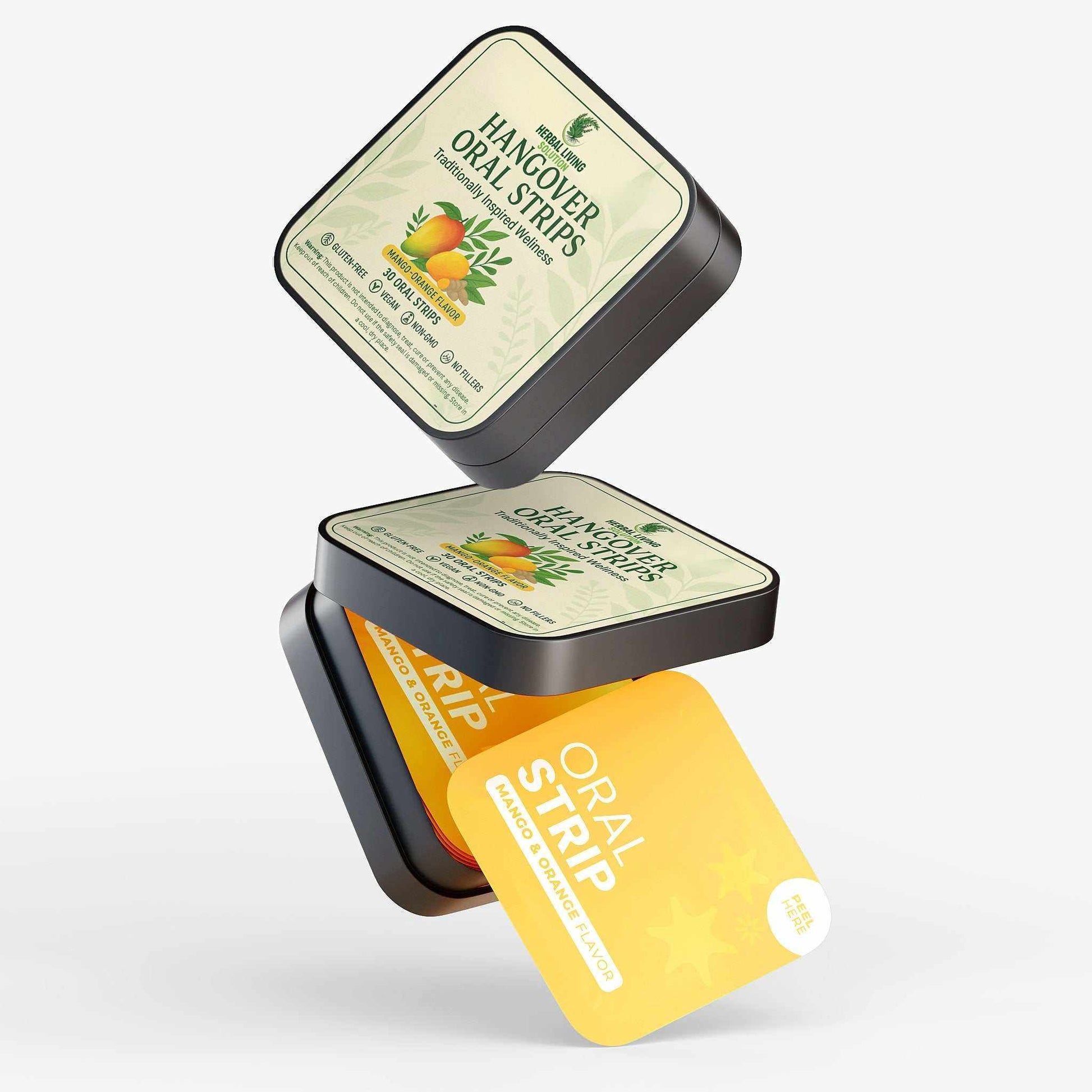 Metal tin of Hangover Oral Strips with mango orange flavored oral strip packet floating out, natural wellness supplement