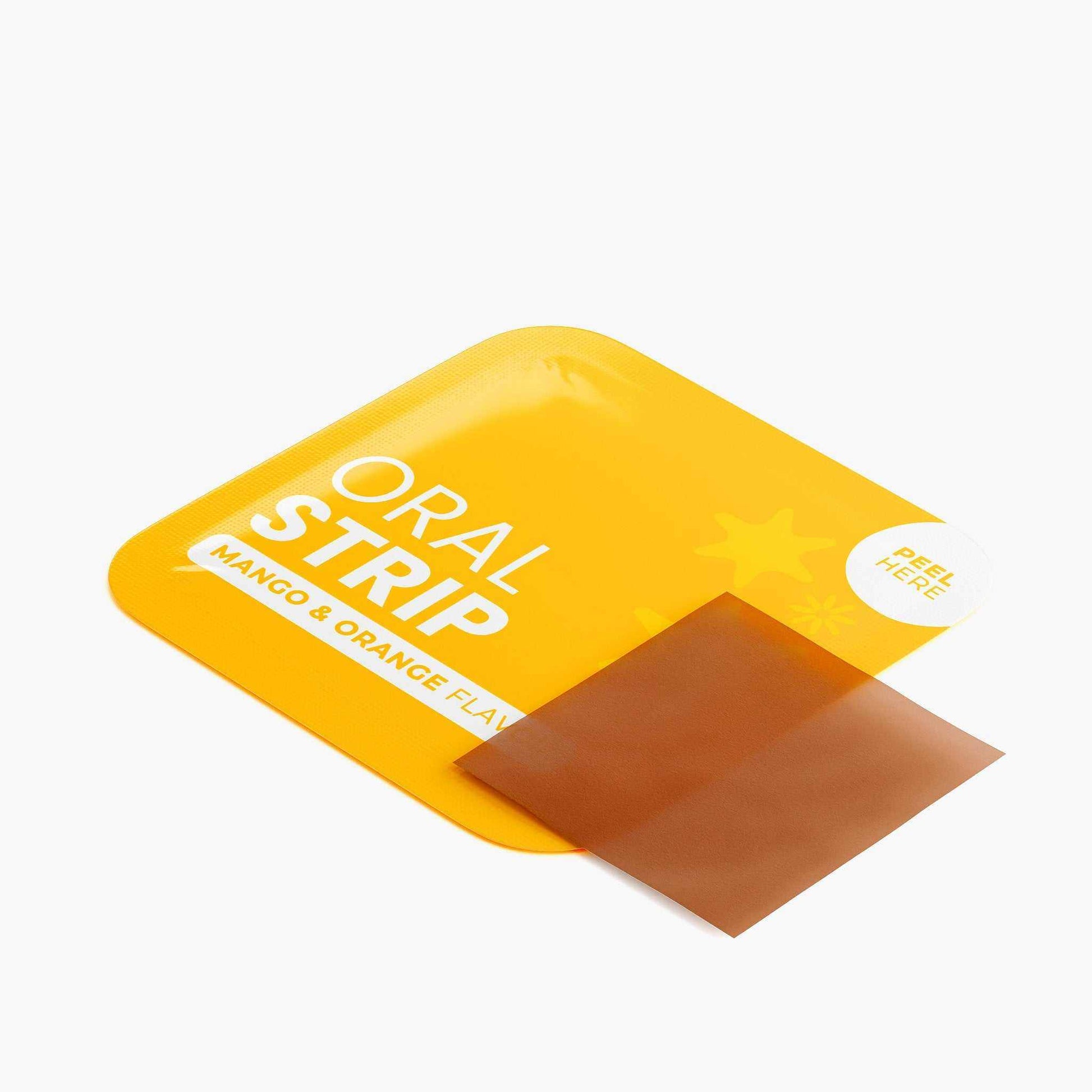 Hangover strips mango orange flavor oral dissolvable wellness support strip in yellow packaging