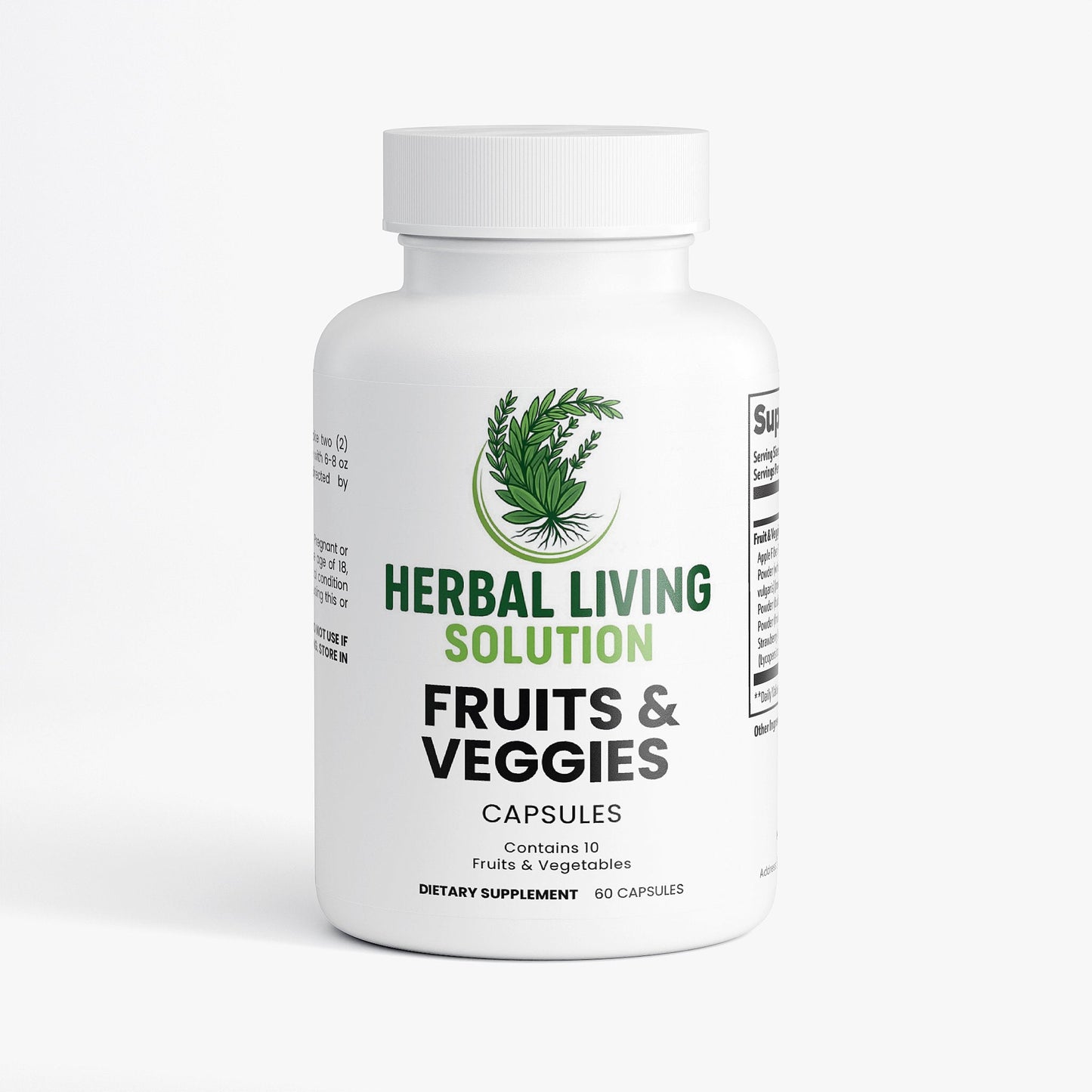 Herbal Living Solution Fruits and Veggies dietary supplement capsules bottle with natural fruit and vegetable powders for digestive and cardiovascular health