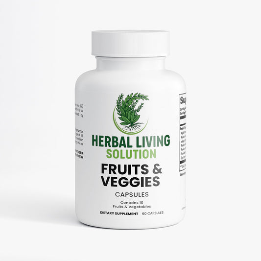 Herbal Living Solution Fruits and Veggies dietary supplement capsules bottle with natural fruit and vegetable powders for digestive and cardiovascular health
