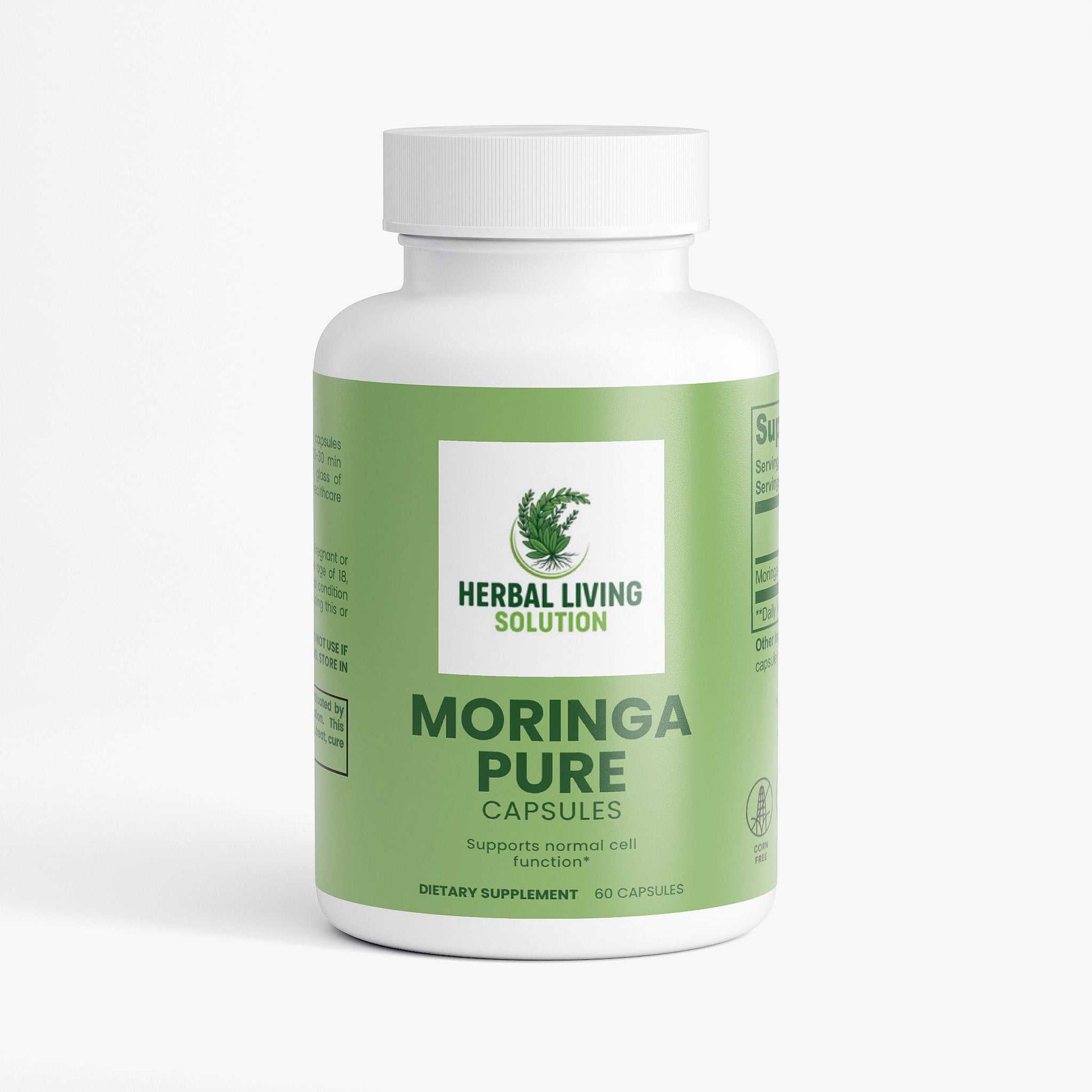 Moringa Pure dietary supplement bottle with 60 vegan capsules by Herbal Living Solution, rich in Moringa Oleifera leaf nutrients