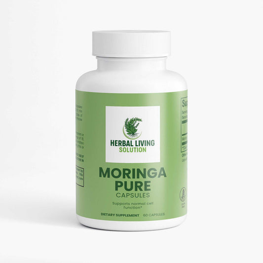Moringa Pure dietary supplement bottle with 60 vegan capsules by Herbal Living Solution, rich in Moringa Oleifera leaf nutrients