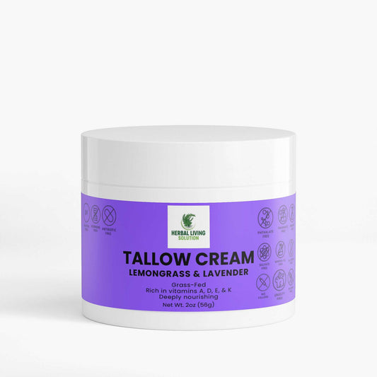 Tallow Cream Lemongrass & Lavender jar with natural hydrating skincare benefits and vitamins A, D, E, K for radiant skin