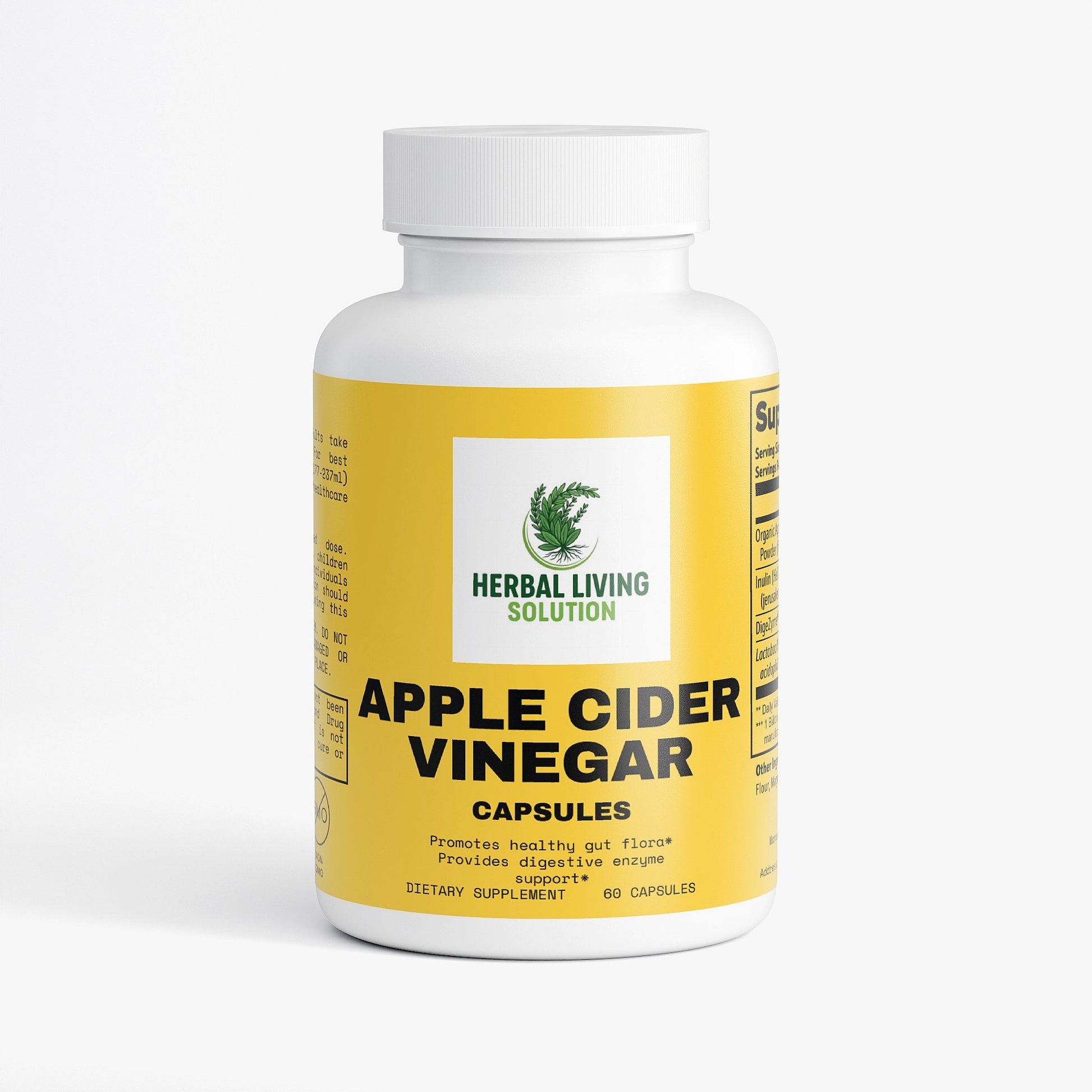 Bottle of Herbal Living Solution apple cider vinegar capsules dietary supplement with yellow label