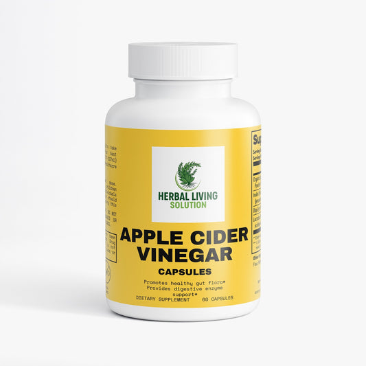 Bottle of Herbal Living Solution apple cider vinegar capsules dietary supplement with yellow label