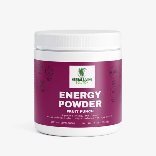 Herbal Living Solution Energy Powder fruit punch flavor sugar-free dietary supplement for sustained energy and focus in white container