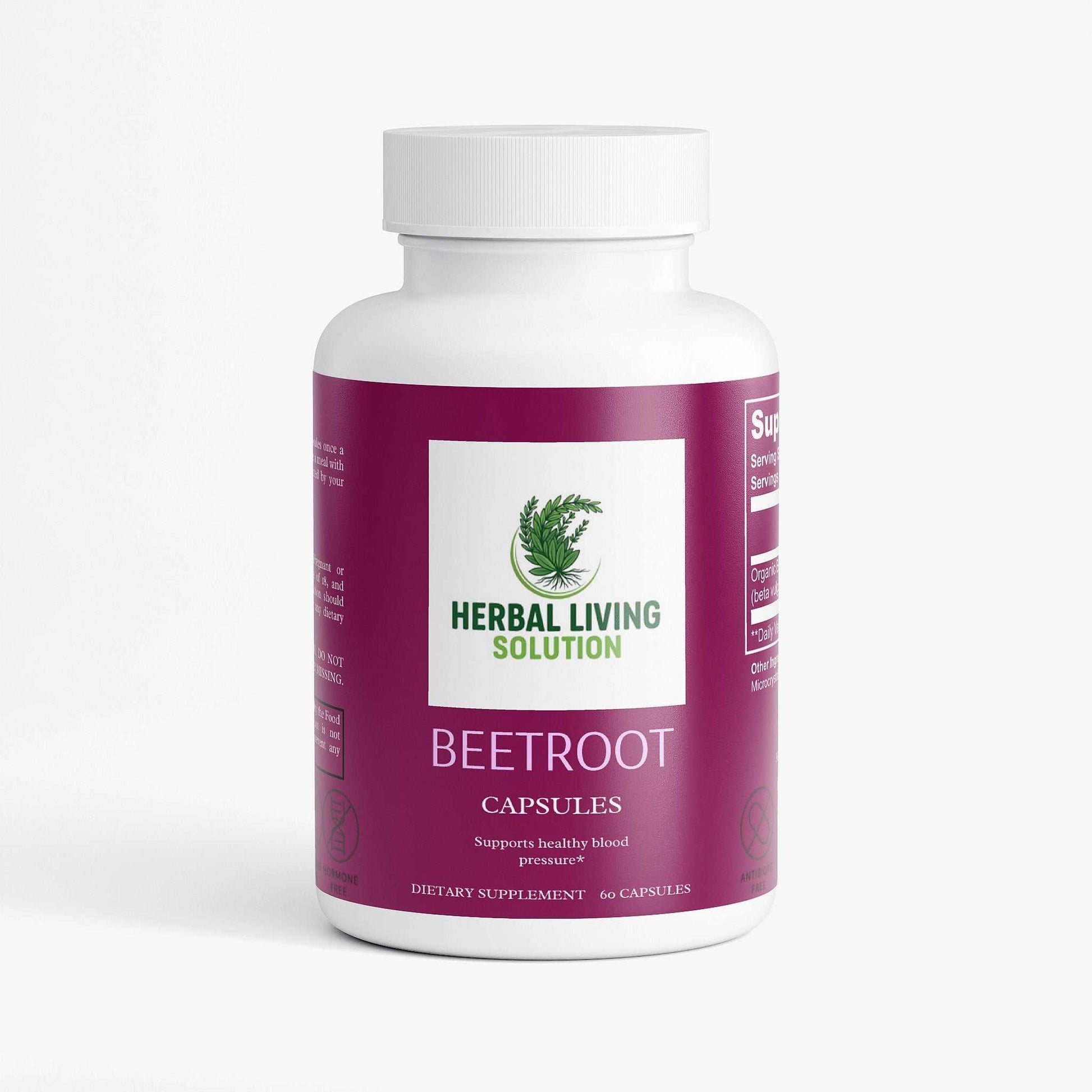 Herbal Living Solution Beetroot Powder capsules for blood pressure support and athletic performance, 60 count