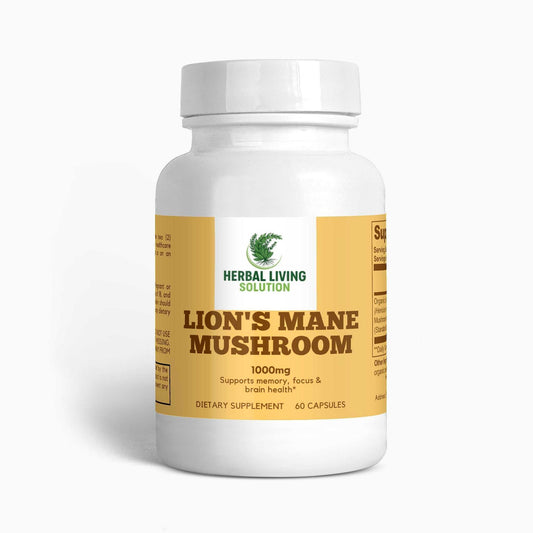 Lion's Mane Mushroom dietary supplement bottle with 1000mg capsules for memory and brain health.