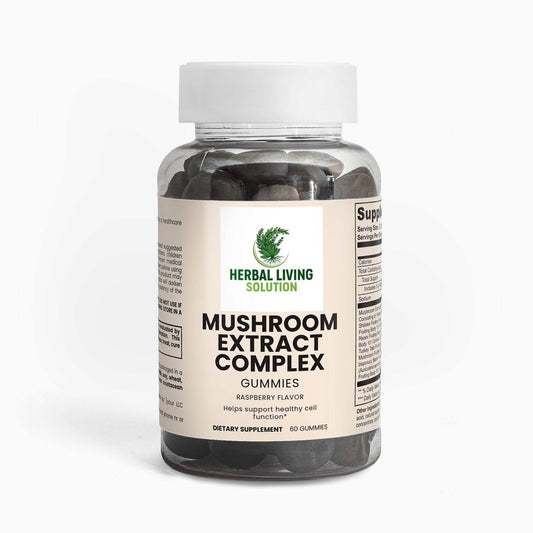 Herbal Living Solution Mushroom Extract Complex raspberry flavor gummies dietary supplement with 60 gummies bottle