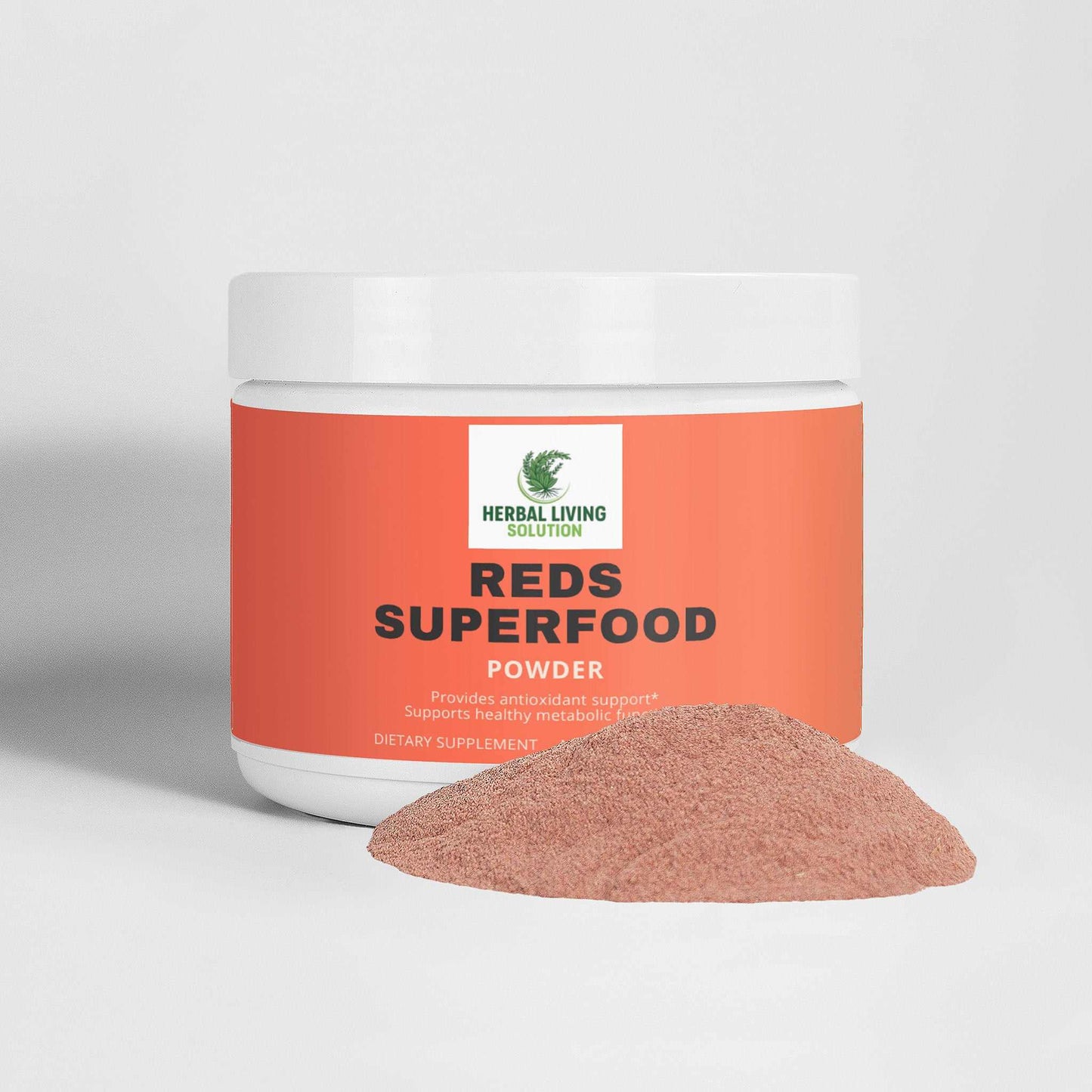 Reds Superfood antioxidant powder supplement with beet root, strawberry, hibiscus, and nutrient-rich fruits in a white jar with orange label and pink powder pile
