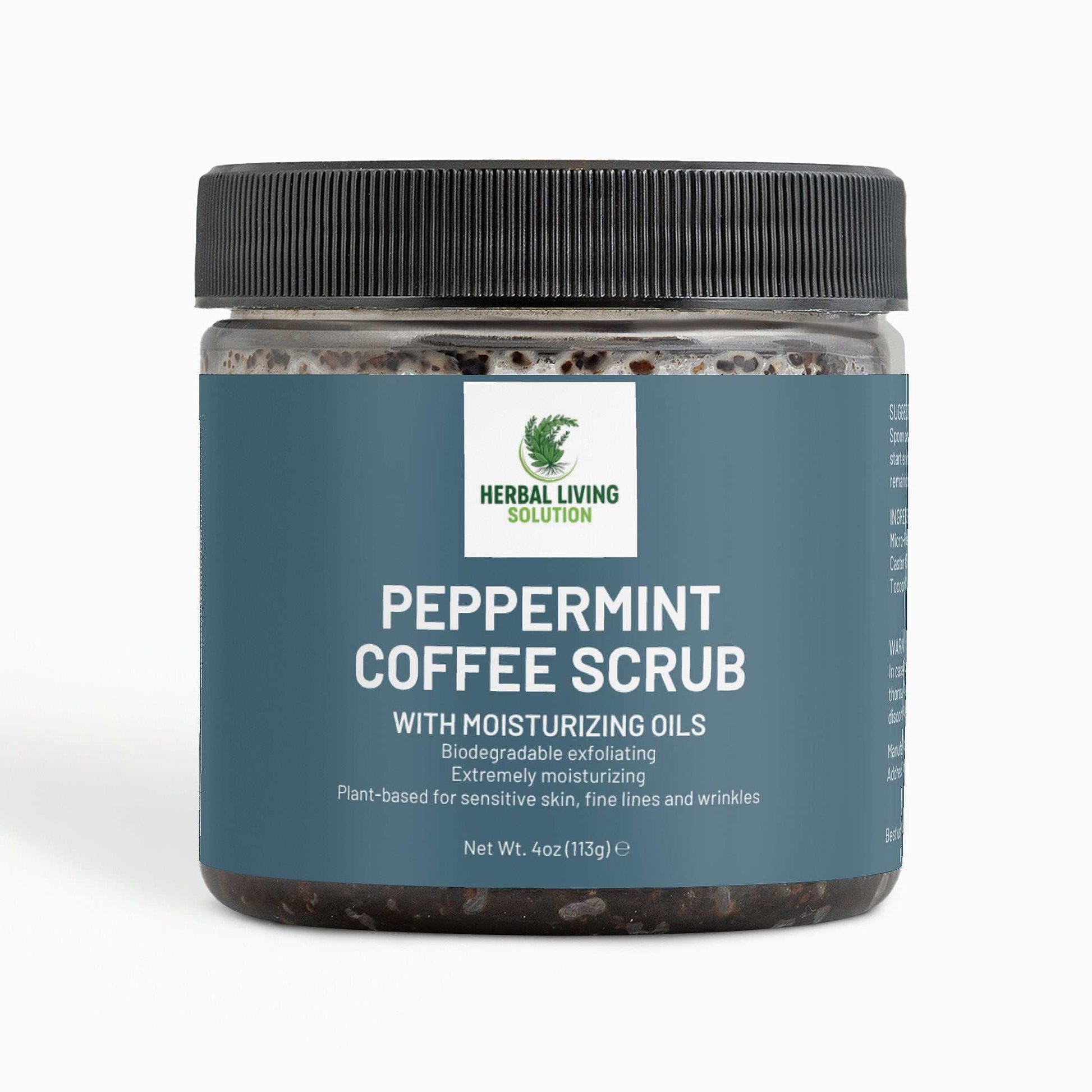 Peppermint Coffee Scrub jar with moisturizing oils for exfoliating and hydrating skin, 4 oz container