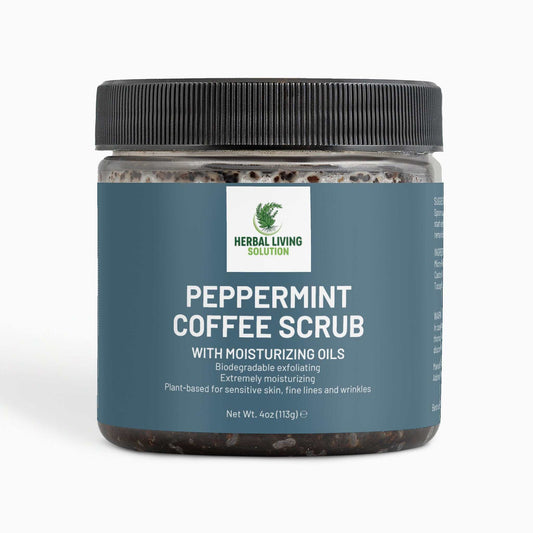 Peppermint Coffee Scrub jar with moisturizing oils for exfoliating and hydrating skin, 4 oz container