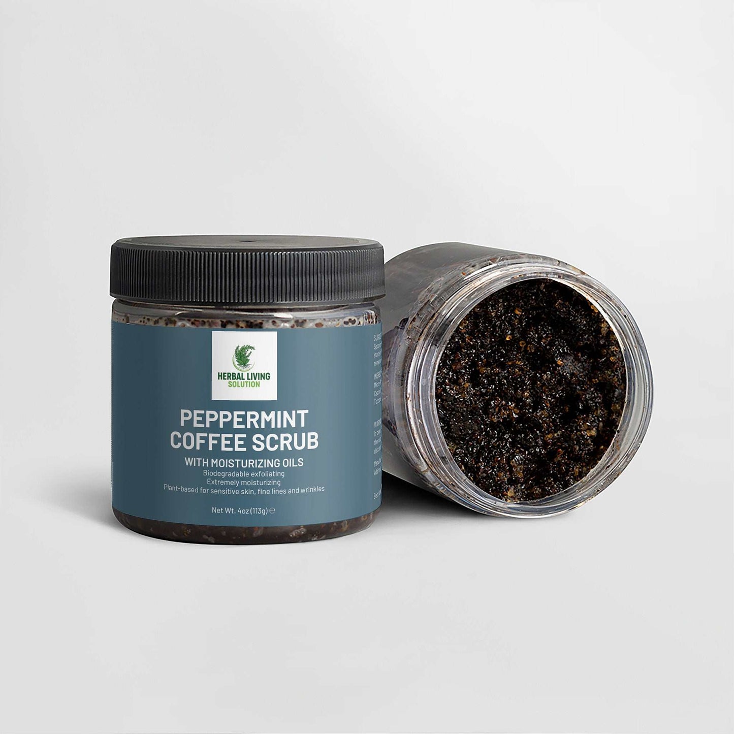 Peppermint Coffee Scrub jar with moisturizing oils, exfoliating coffee scrub for skin rejuvenation and hydration