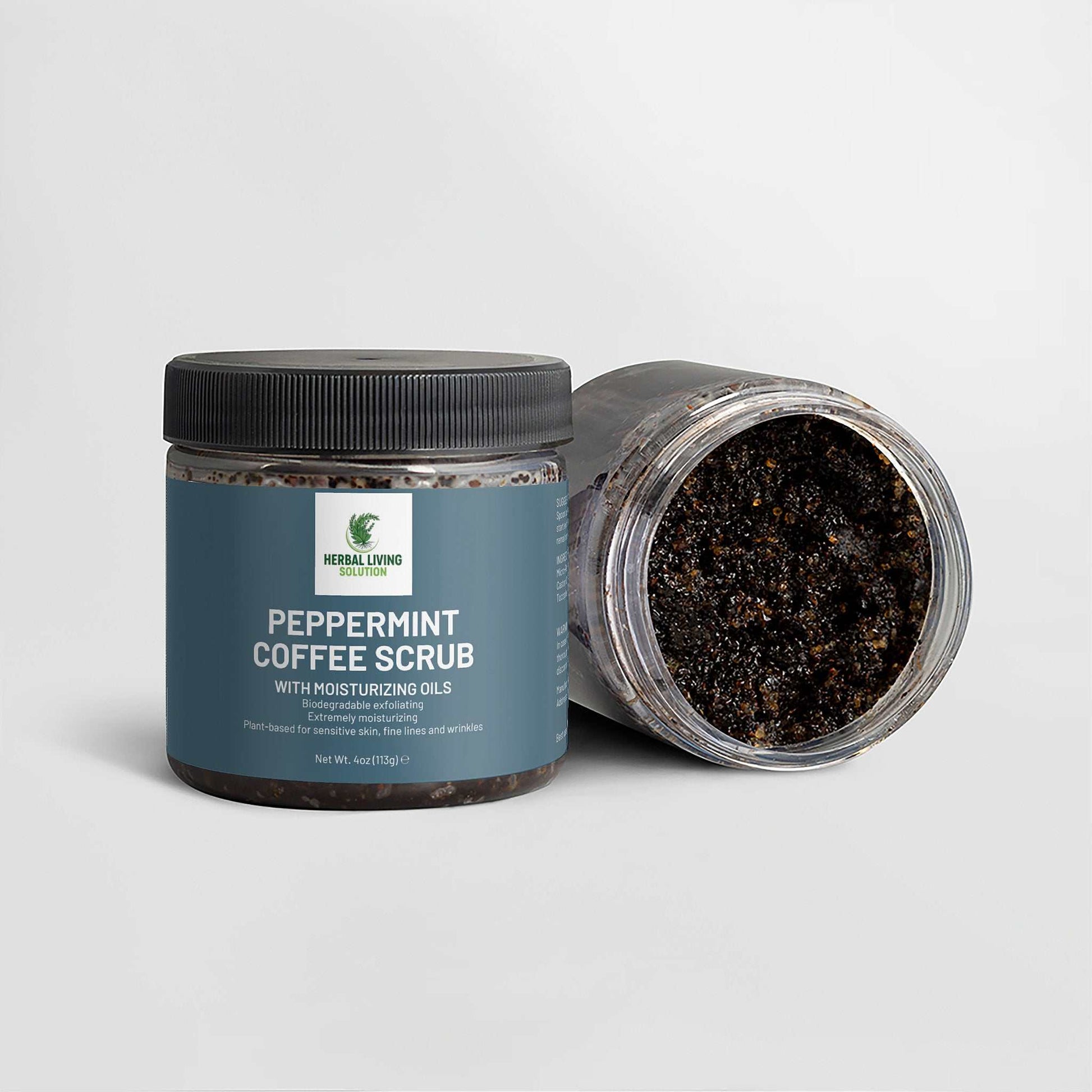 Peppermint Coffee Scrub jar with moisturizing oils, exfoliating coffee scrub for skin rejuvenation and hydration