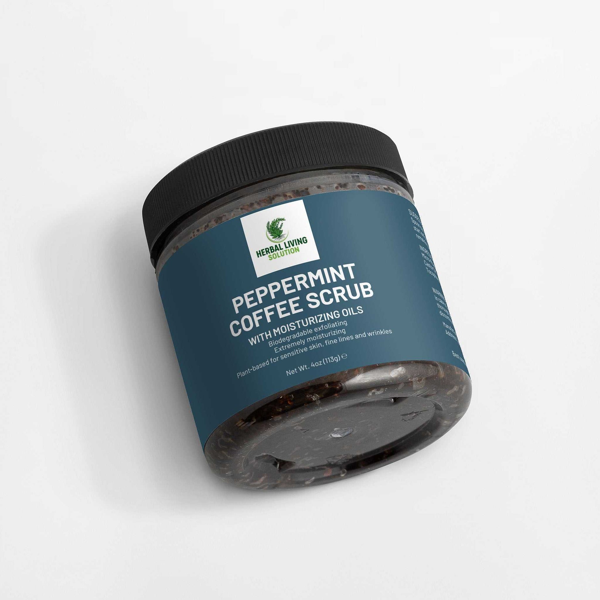 Jar of Herbal Living Solutions Peppermint Coffee Scrub with moisturizing oils, 4 oz container