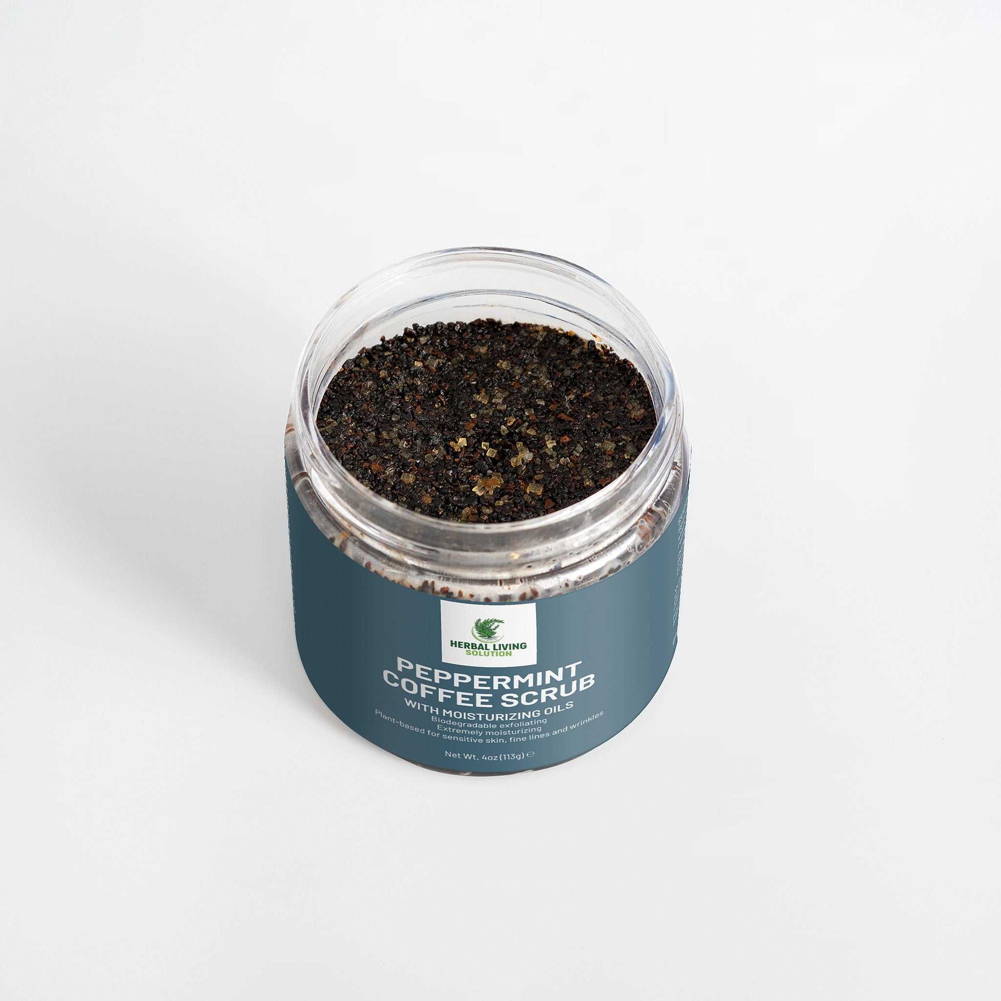 Jar of Peppermint Coffee Scrub with moisturizing oils for exfoliating and hydrating skin