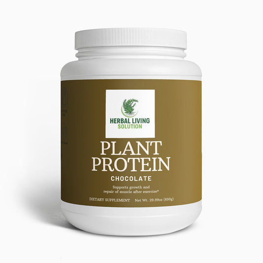 Plant Protein Chocolate dietary supplement container for muscle growth and repair with vegan, gluten-free, lactose-free, non-GMO labels