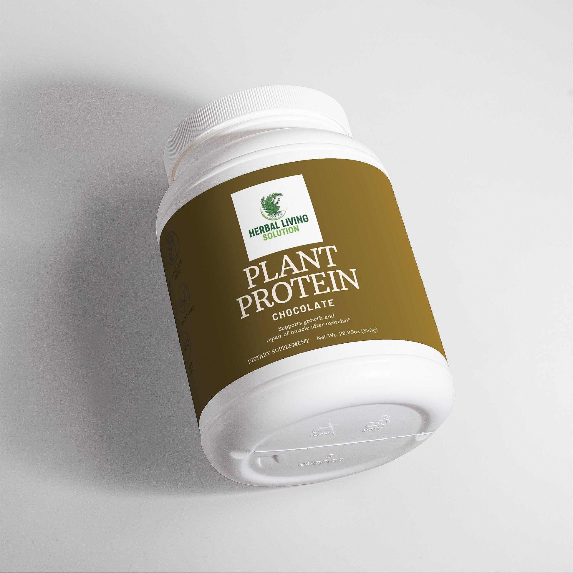 Herbal Living Solution Plant Protein Chocolate powder container for muscle recovery and vegan nutrition