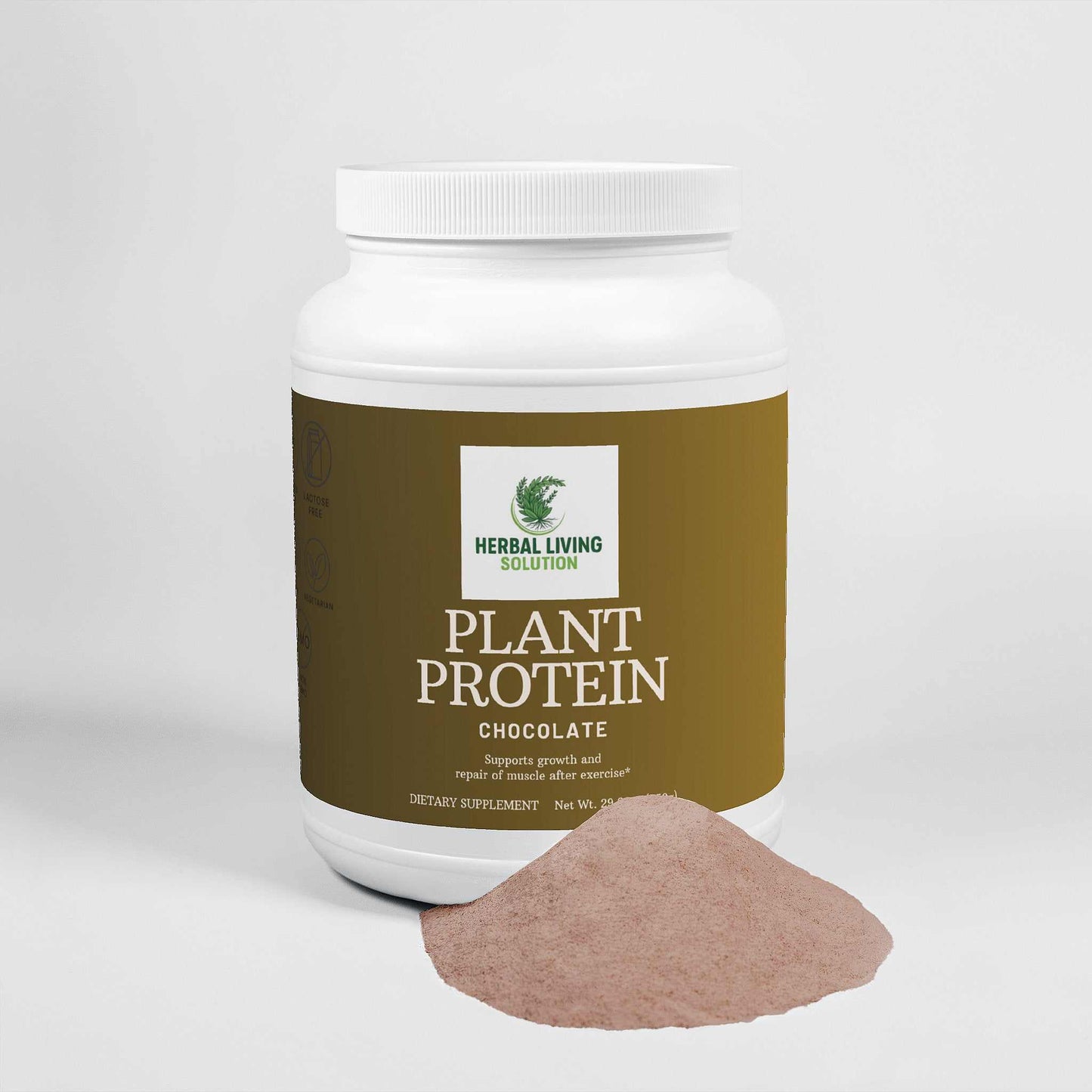 Plant Protein Chocolate powder dietary supplement for muscle repair and growth, vegan, gluten-free, lactose-free, non-GMO.