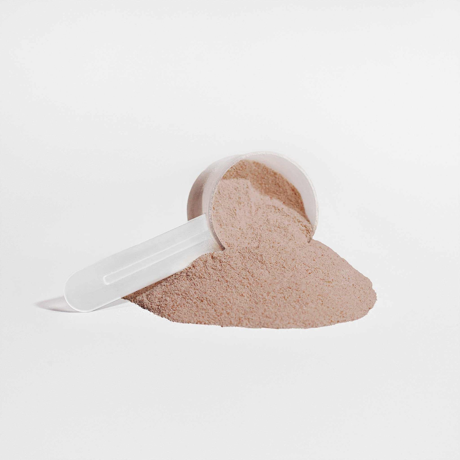 Chocolate flavored plant protein powder with scoop, vegan, gluten-free, lactose-free, non-GMO, and vegetarian-friendly.