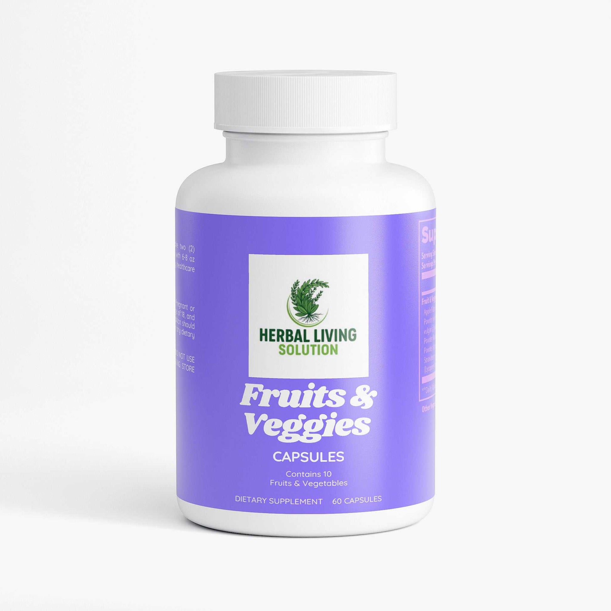 Herbal Living Solution Fruits and Veggies dietary supplement capsules for digestive and cardiovascular health with 10 fruit and vegetable powders, 60 count