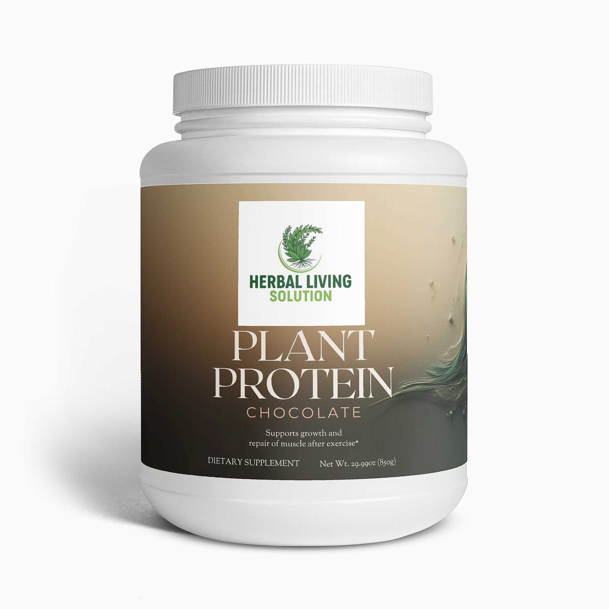 Plant Protein Chocolate dietary supplement container with Herbal Living Solution logo and brown gradient label