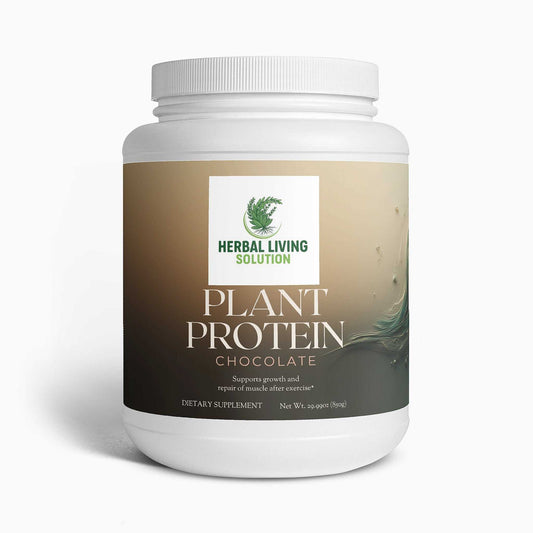 Plant Protein Chocolate dietary supplement container with Herbal Living Solution logo and brown gradient label