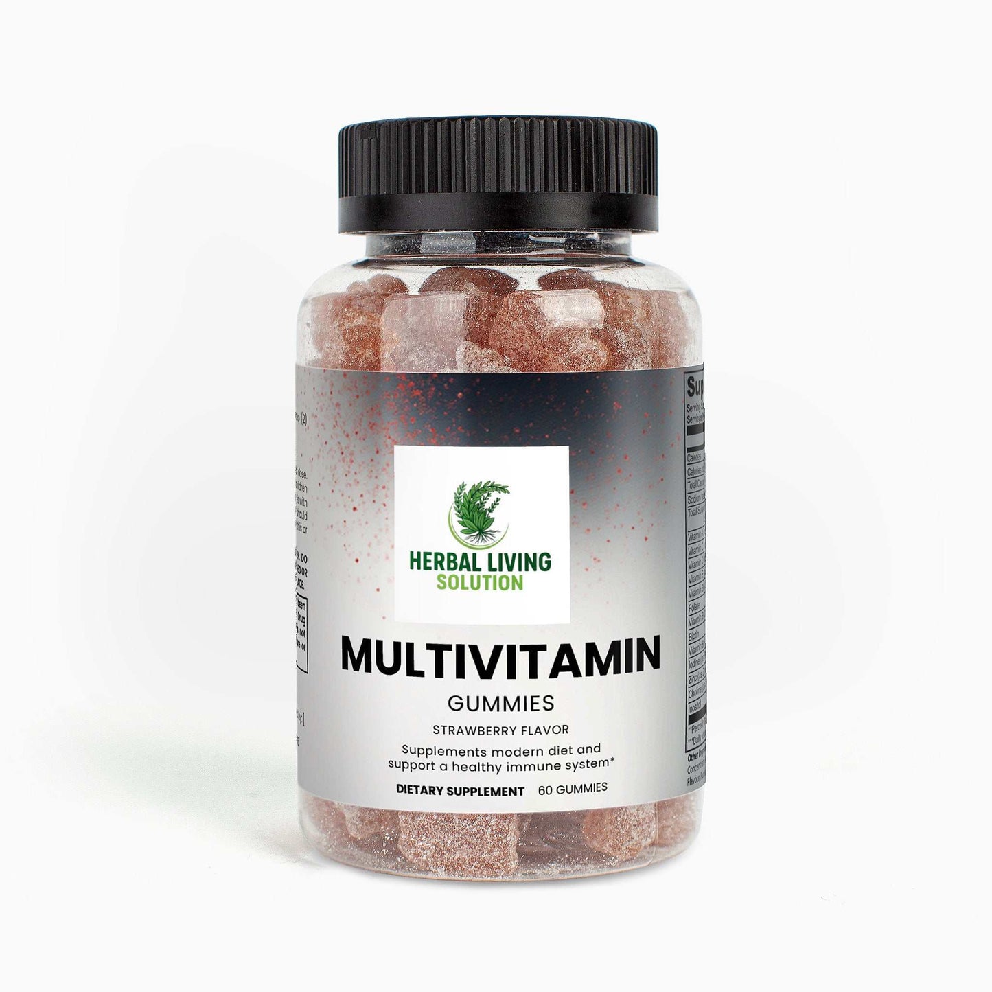 Bottle of Herbal Living Solution Multivitamin Bear Gummies strawberry flavor dietary supplement with 60 gummies