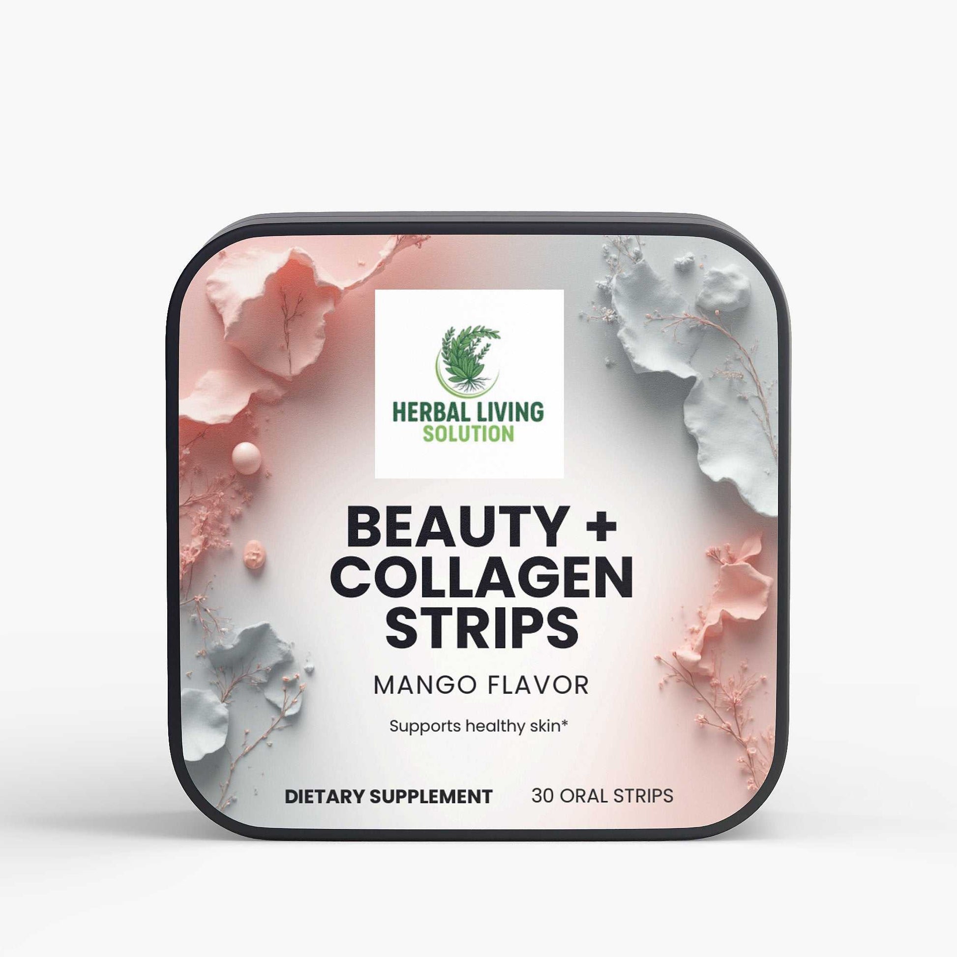 Beauty + Collagen Strips dietary supplement tin with mango flavor for healthy skin and wellness support