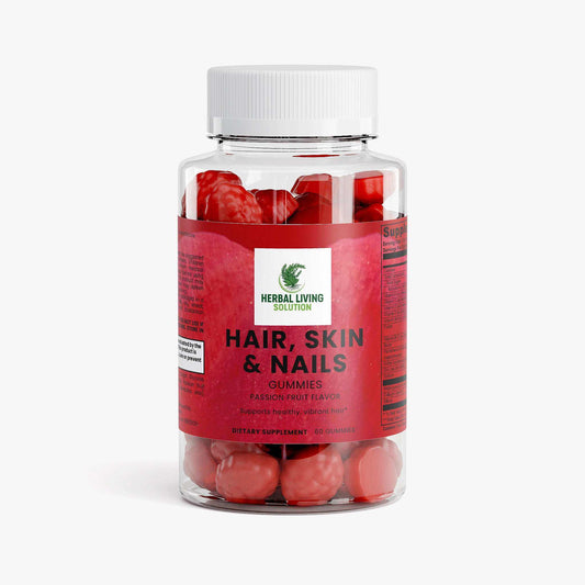 Bottle of Hair, Skin & Nails Gummies dietary supplement with passion fruit flavor and red gummy vitamins inside