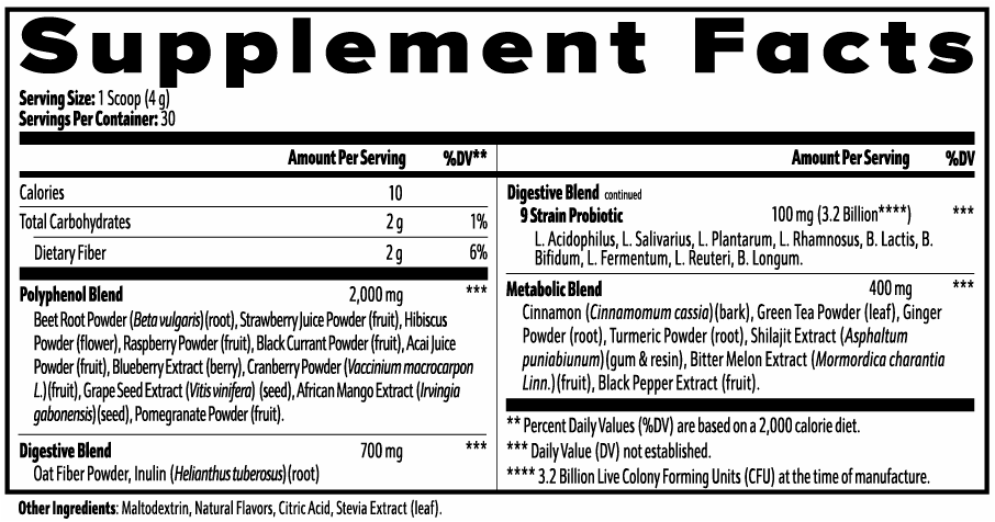 Reds Superfood antioxidant blend powder with beet root, berry extracts, probiotics, and metabolic herbs for daily health boost.