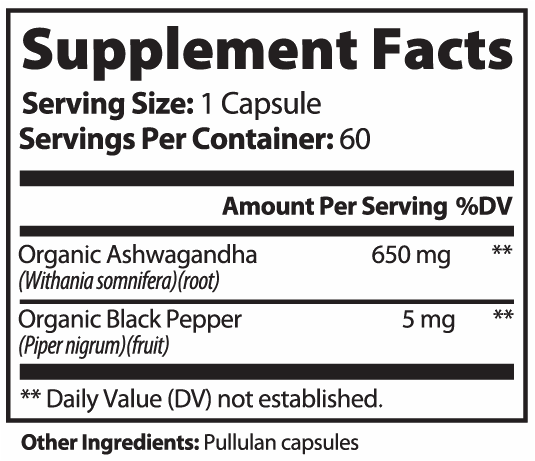 Supplement facts label for Ashwagandha capsules showing organic Ashwagandha root 650 mg and organic black pepper fruit 5 mg per serving, with 60 capsules per container.